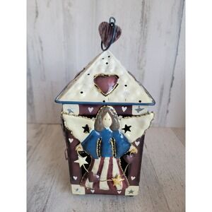 Vintage USA metal American flag angel tea light candle holder hanging
